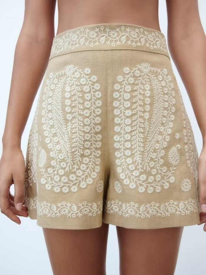 Paisley Linen Embroidered Shorts