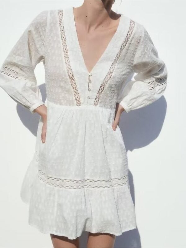 Lantern Sleeve Embroidery White Dress