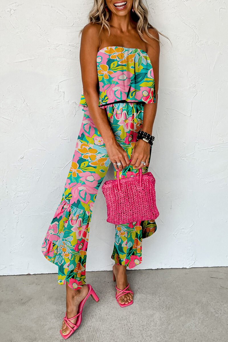 Green Tropical Print Ruffled Jumpsuit