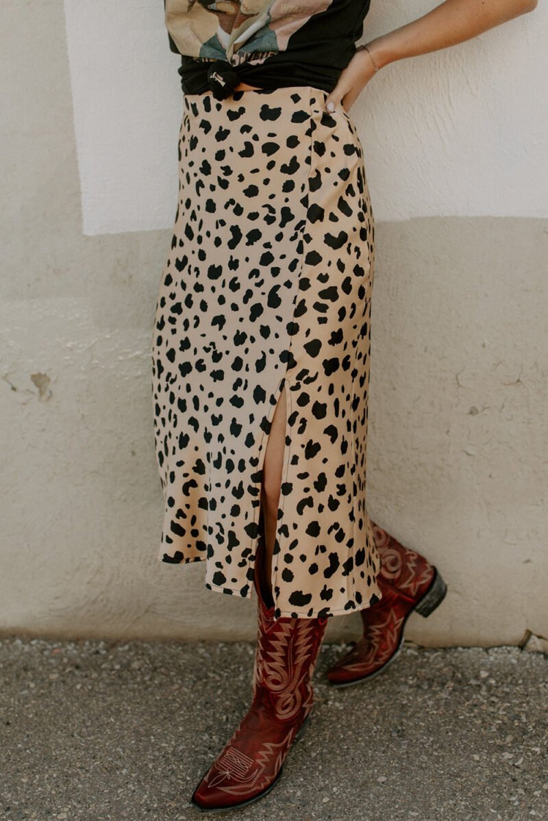 Cow Print Split Hem Midi Skirt