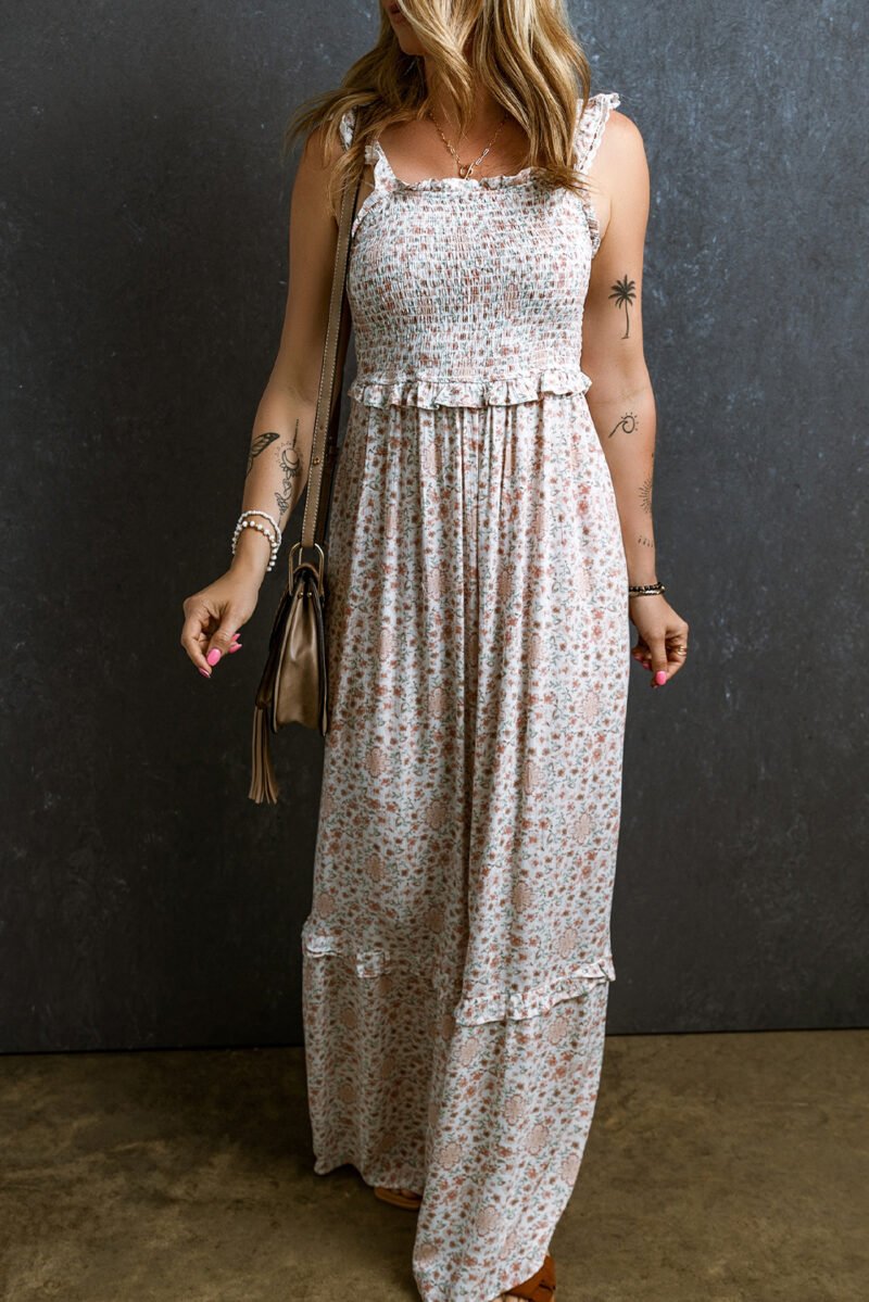 White Frilly Strap Shirred Floral Maxi Dress - Image 4