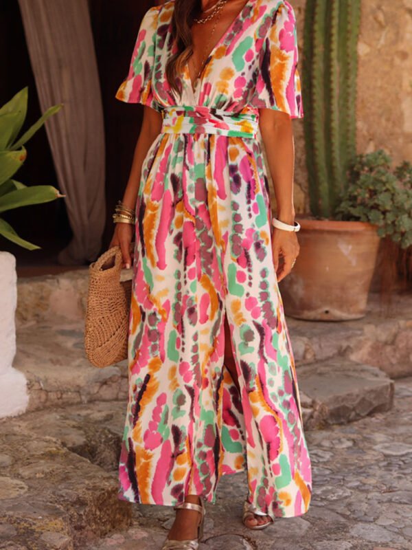 Tie-dye Print V Neck Maxi Dress