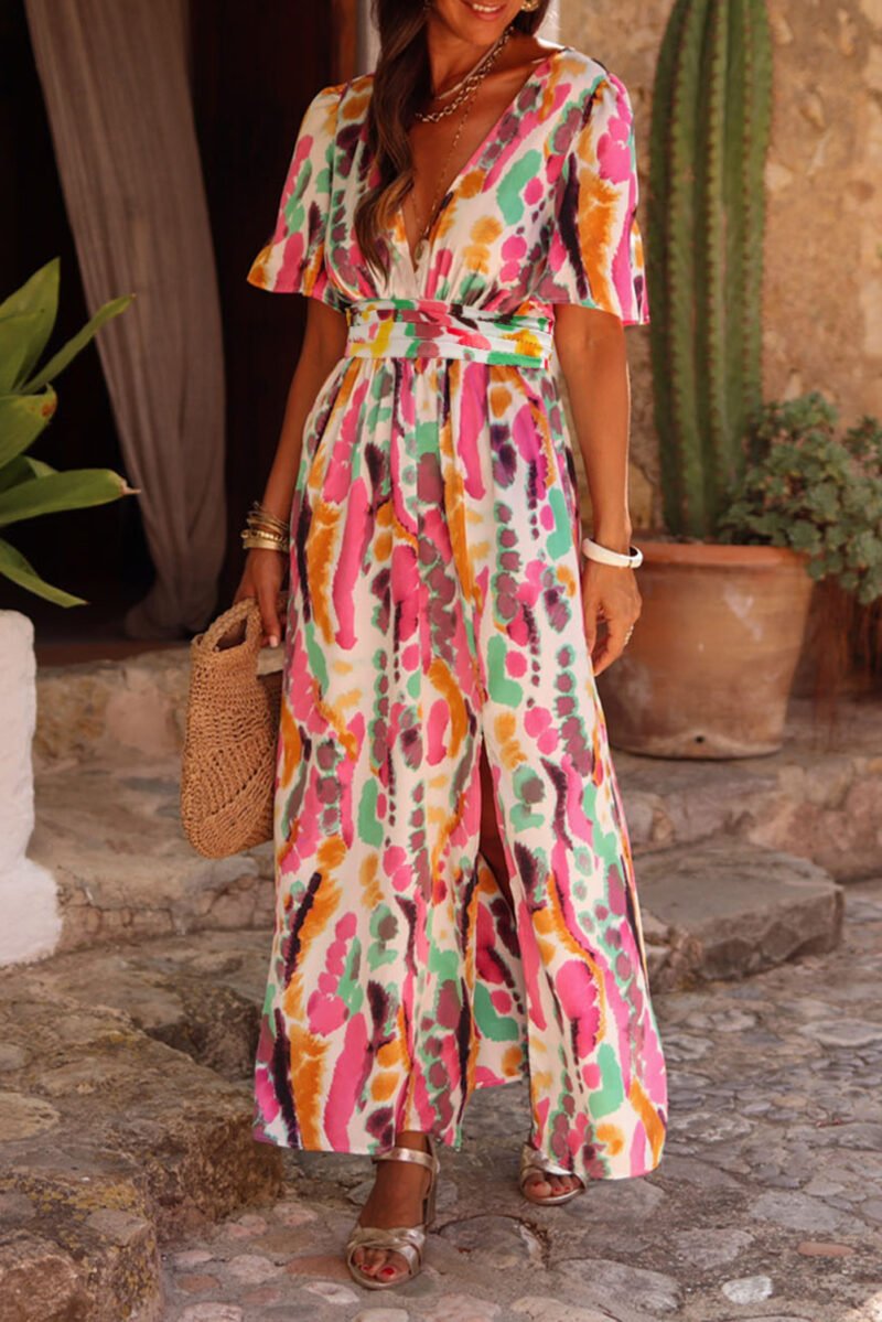 Tie-dye Print V Neck Maxi Dress