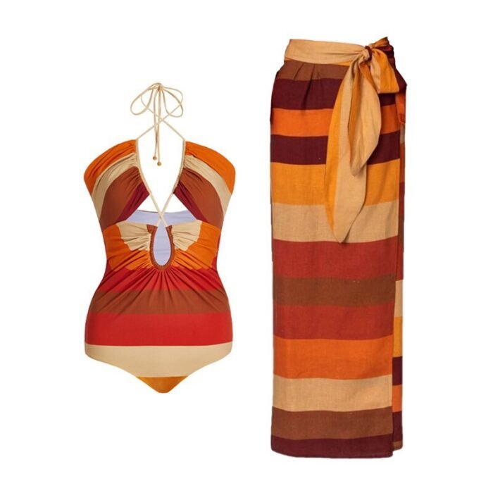 Vintage Stripe Swimsuit Chiffon Skirt Set