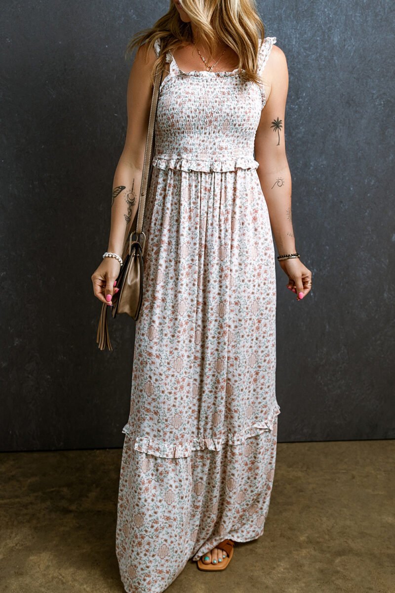 White Frilly Strap Shirred Floral Maxi Dress - Image 3