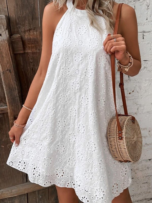 White Eyelet Pattern Halter Dress