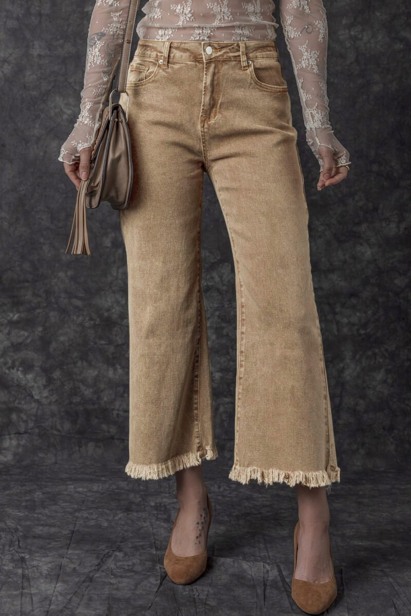 Beige High Rise Cropped Wide Leg Jeans