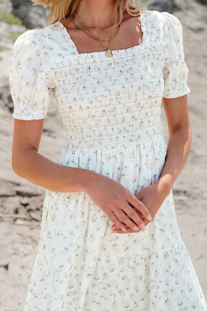 White Frilly Tiered Floral Maxi Dress