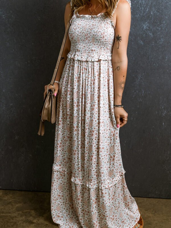 White Frilly Strap Shirred Floral Maxi Dress