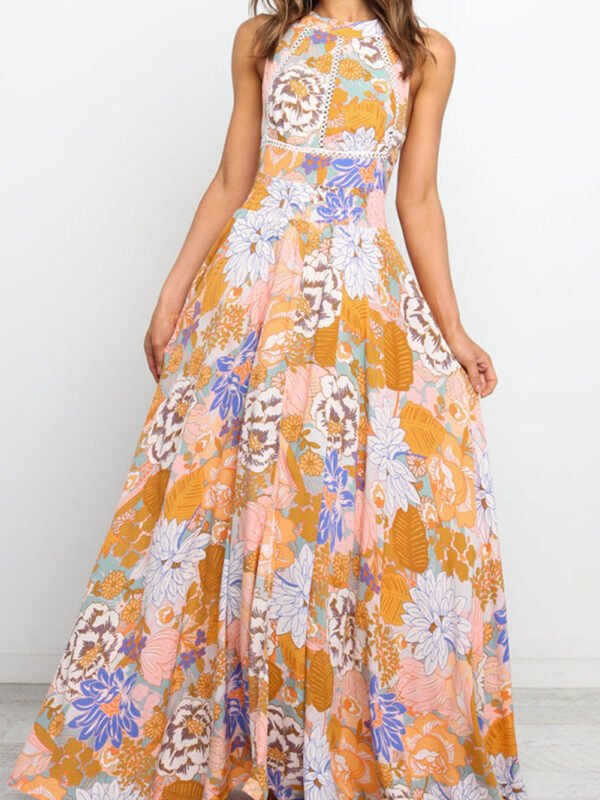 Orange Floral Backless Lace up Maxi Dress