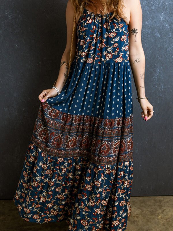 Blue Floral Splicing Maxi Dress