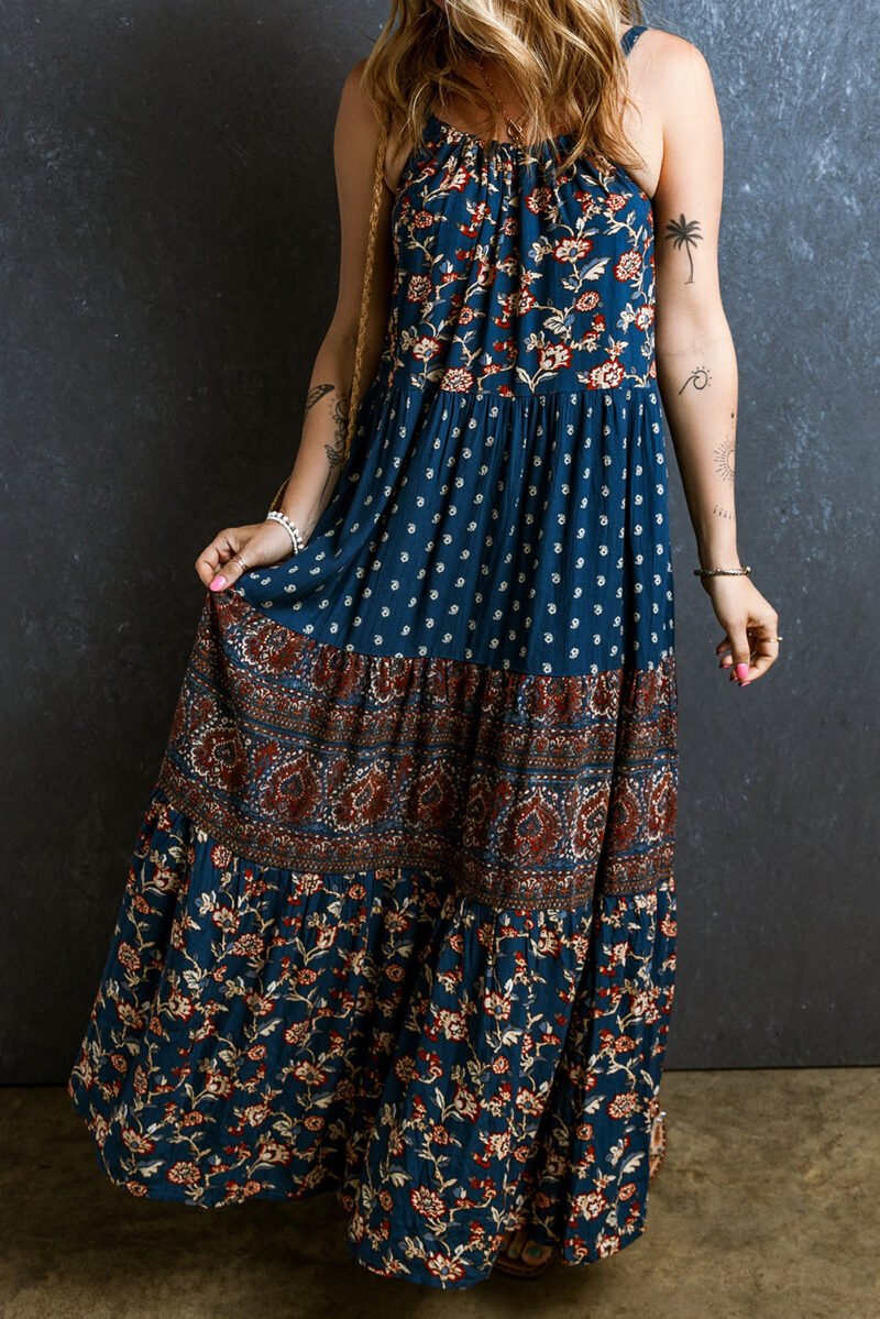 Blue Floral Splicing Maxi Dress