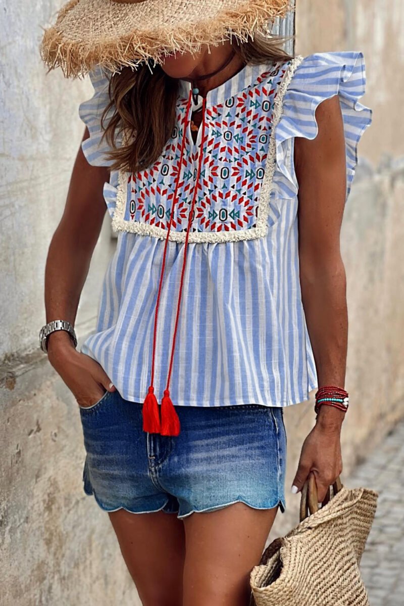 Embroidered Tassel Flutter Blouse - Image 8