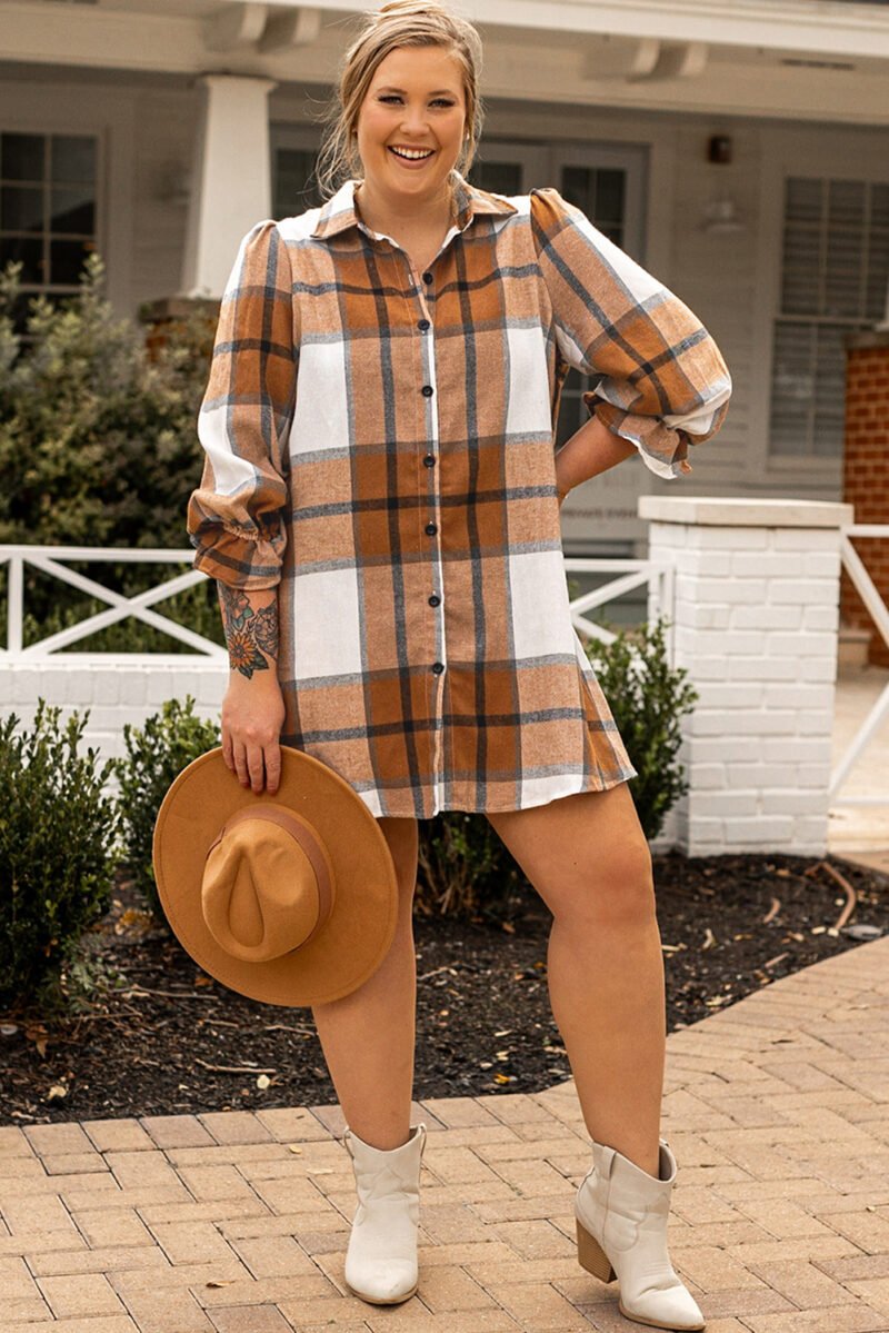 Plaid Flounce Sleeve Shirt Dress - Image 5