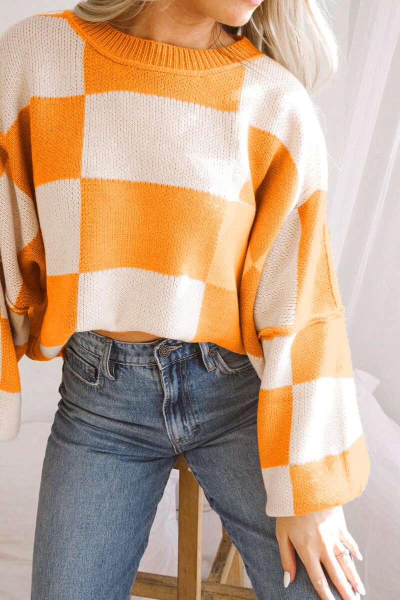 Orange Checkered Bishop Sleeve Sweater - Image 4