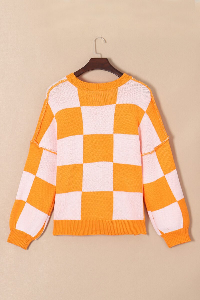 Orange Checkered Bishop Sleeve Sweater - Image 6