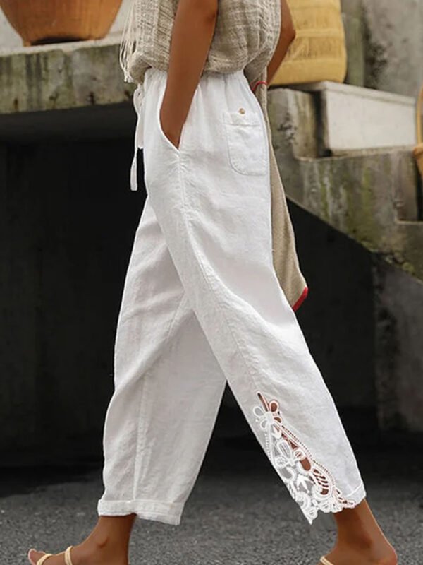 White Lace Drawstring Casual Cotton Pants