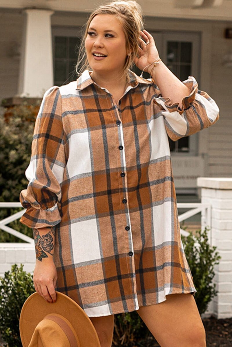 Plaid Flounce Sleeve Shirt Dress