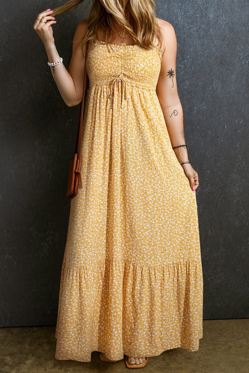 Yellow Smocked Floral Maxi Dress