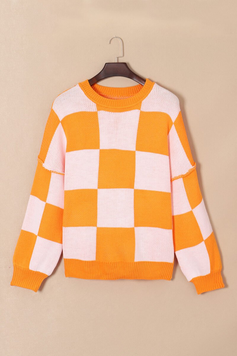 Orange Checkered Bishop Sleeve Sweater - Image 5