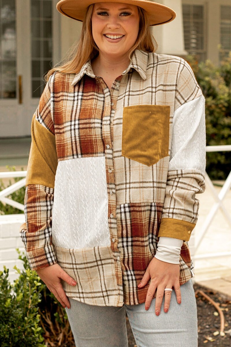 Apricot Plaid Patchwork Shacket - Image 4