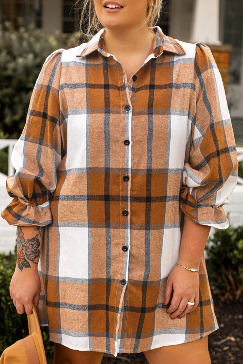 Plaid Flounce Sleeve Shirt Dress - Image 6