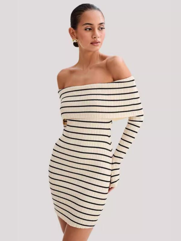 Off Shoulder Striped Long Sleeve Dress