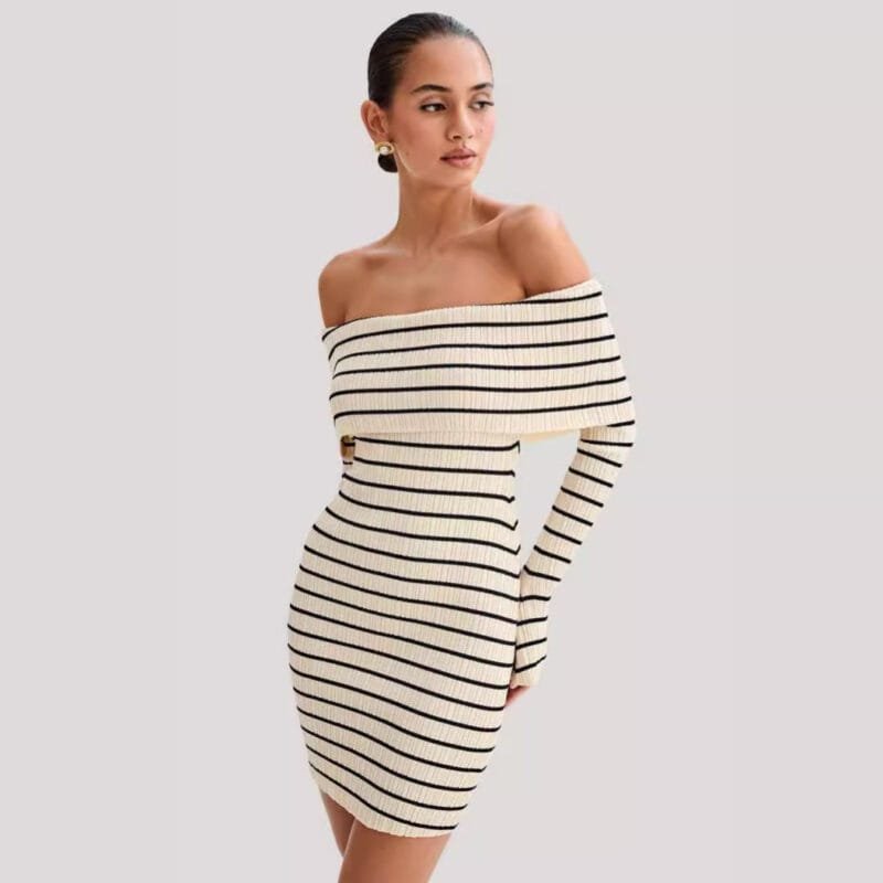 Off Shoulder Striped Long Sleeve Dress