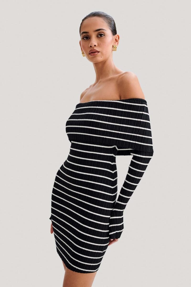 Off Shoulder Striped Long Sleeve Dress - Image 4