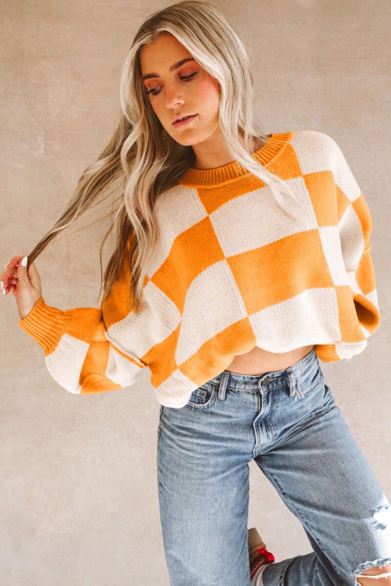 Orange Checkered Bishop Sleeve Sweater - Image 2