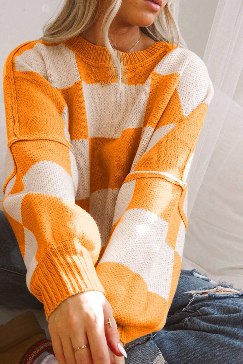 Orange Checkered Bishop Sleeve Sweater - Image 3