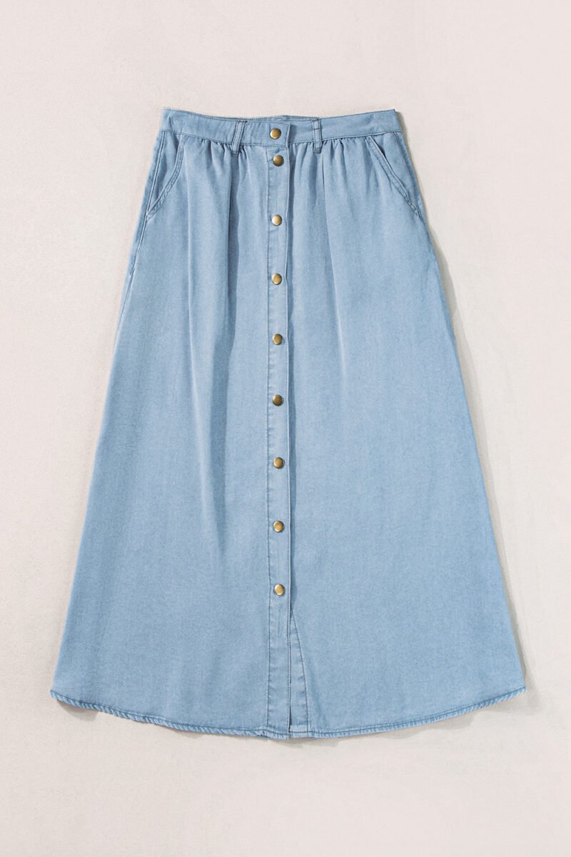 Misty Blue Buttoned Long Denim Skirt - Image 4