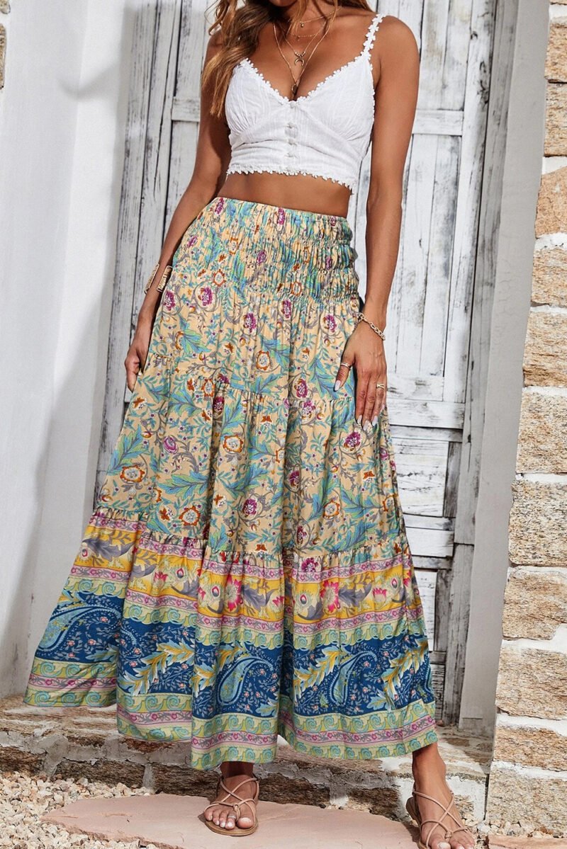 Paisley Shirred Waist Maxi Skirt