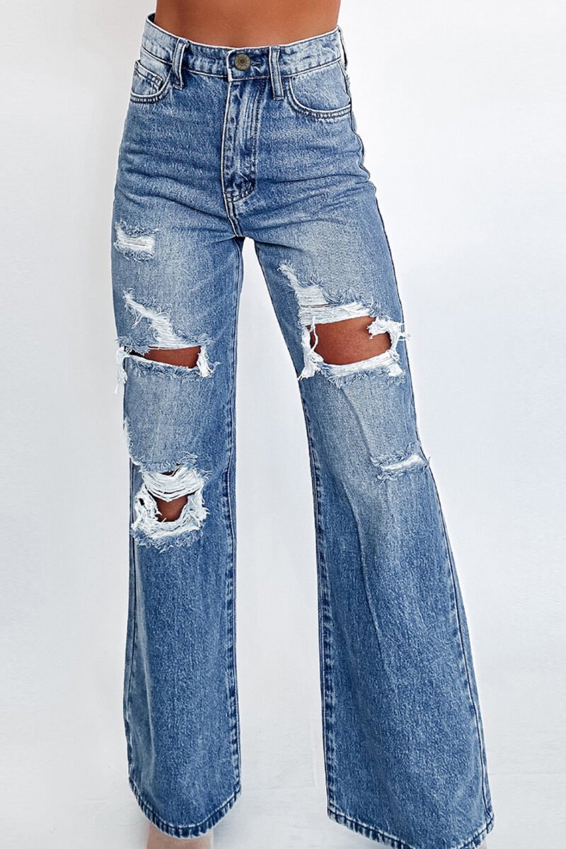 Acid Wash Distressed Wide Leg Jeans