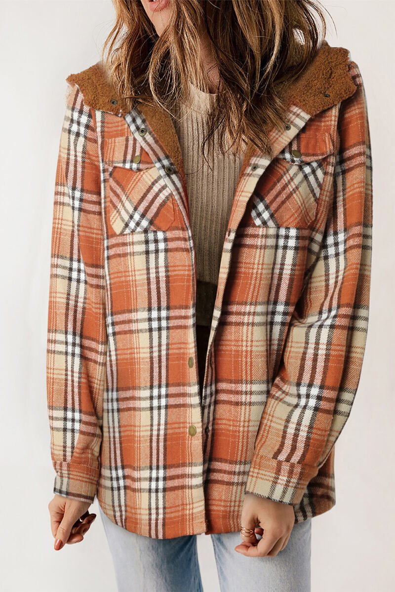 Orange Plaid Sherpa Lined Hooded Shacket