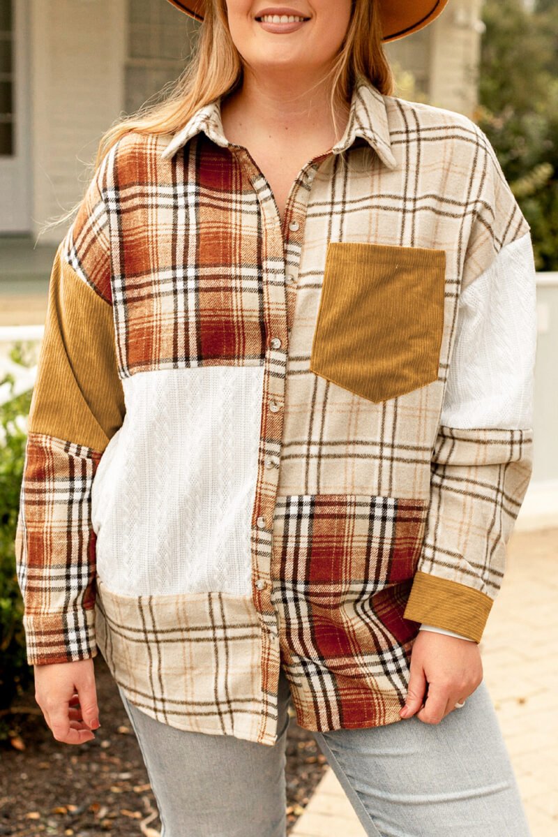 Apricot Plaid Patchwork Shacket - Image 6