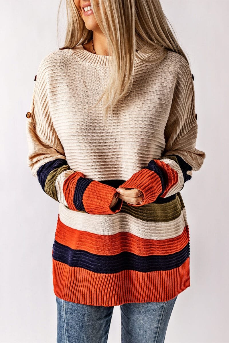 Buttoned Drop Shoulder Striped Sweater - Image 5