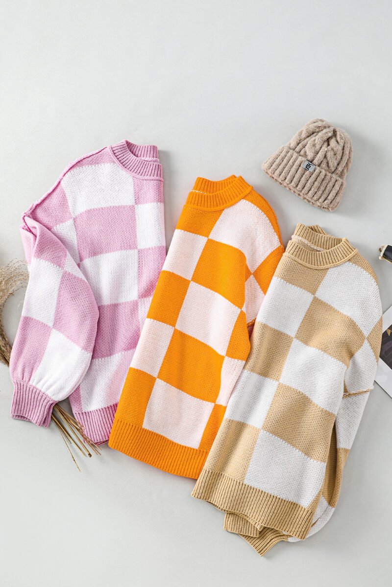 Orange Checkered Bishop Sleeve Sweater - Image 12