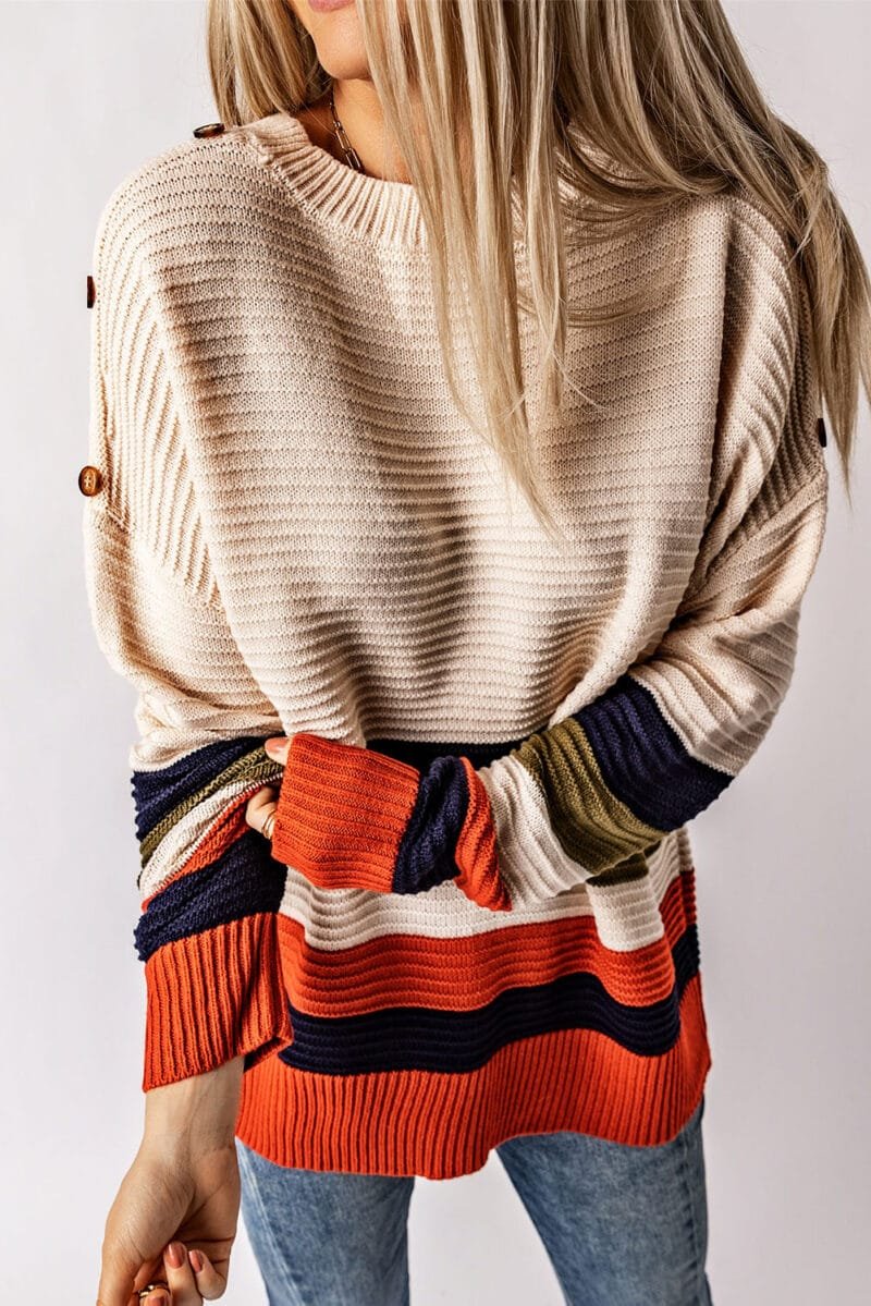 Buttoned Drop Shoulder Striped Sweater - Image 4