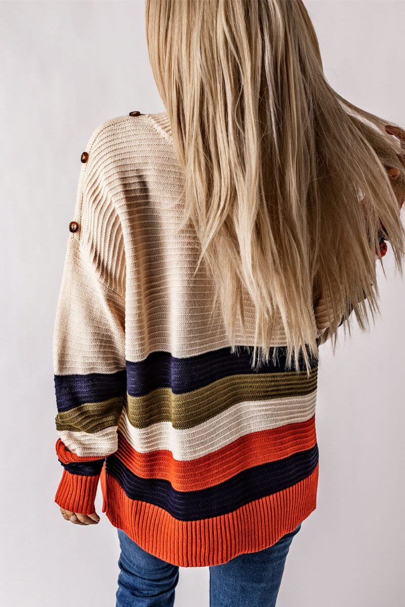 Buttoned Drop Shoulder Striped Sweater - Image 2