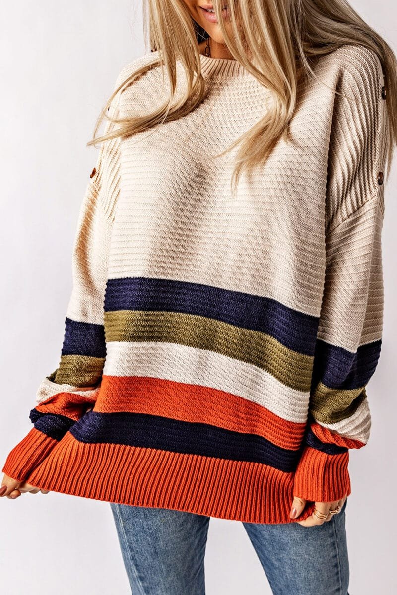 Buttoned Drop Shoulder Striped Sweater - Image 3