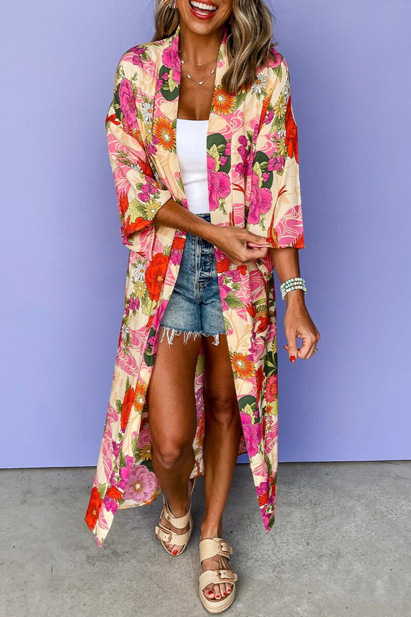 Floral Open Front Belted Kimono