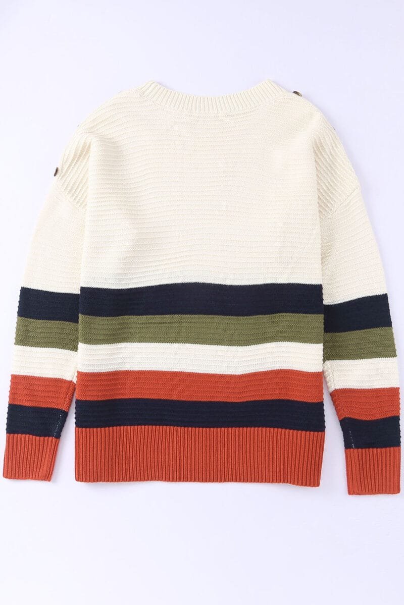 Buttoned Drop Shoulder Striped Sweater - Image 7