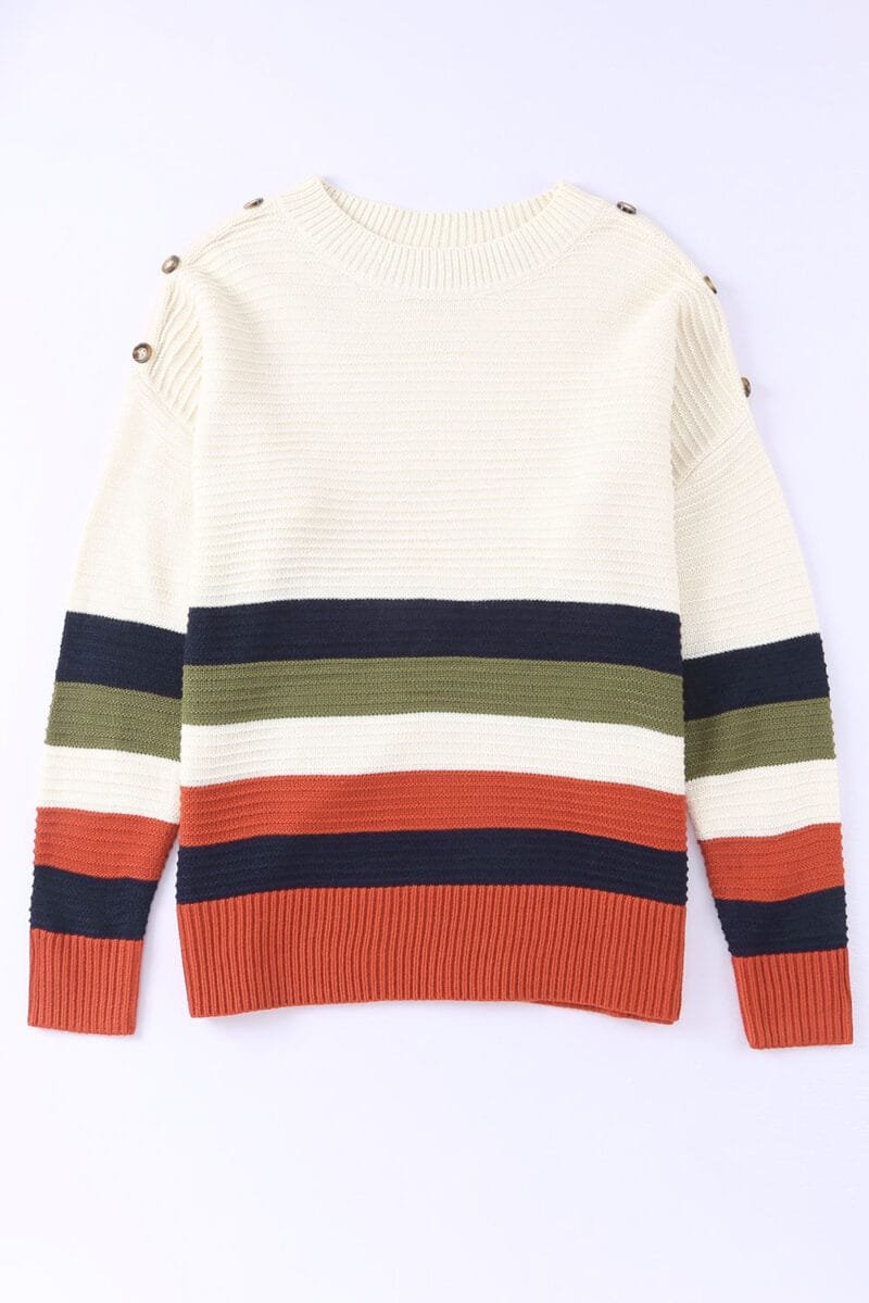 Buttoned Drop Shoulder Striped Sweater - Image 12