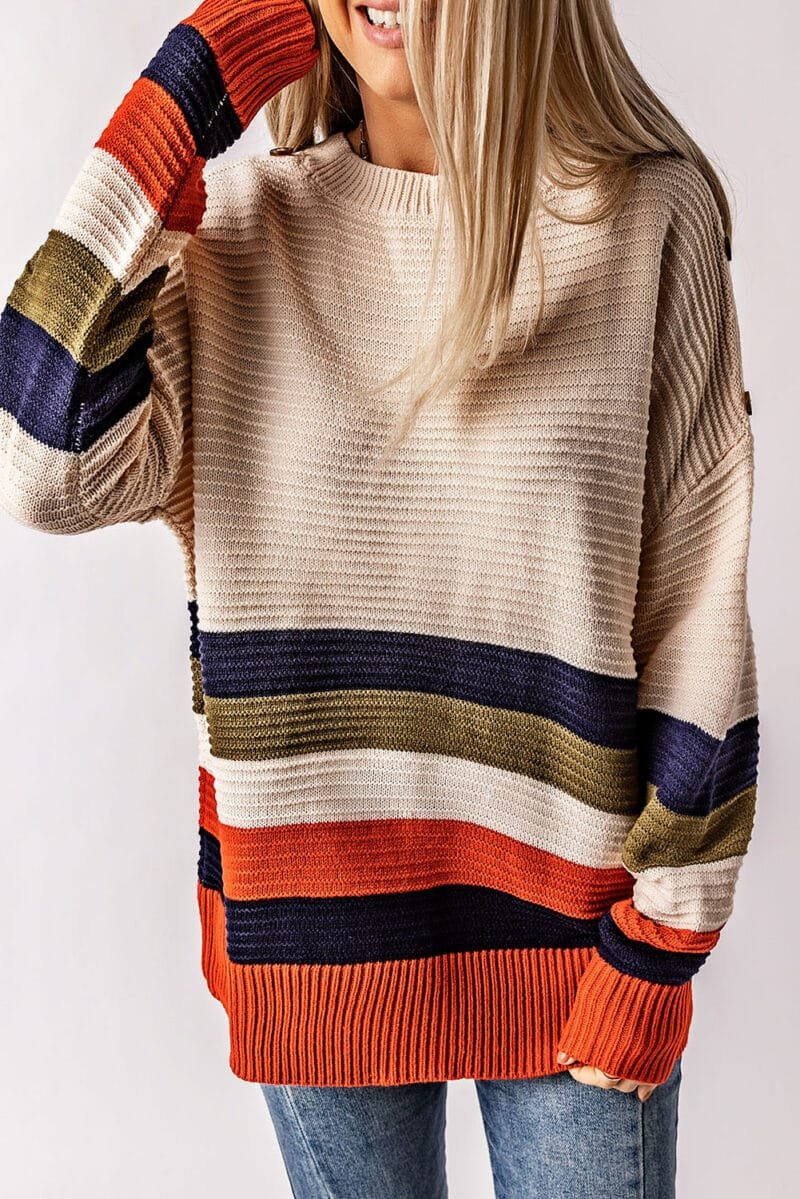 Buttoned Drop Shoulder Striped Sweater