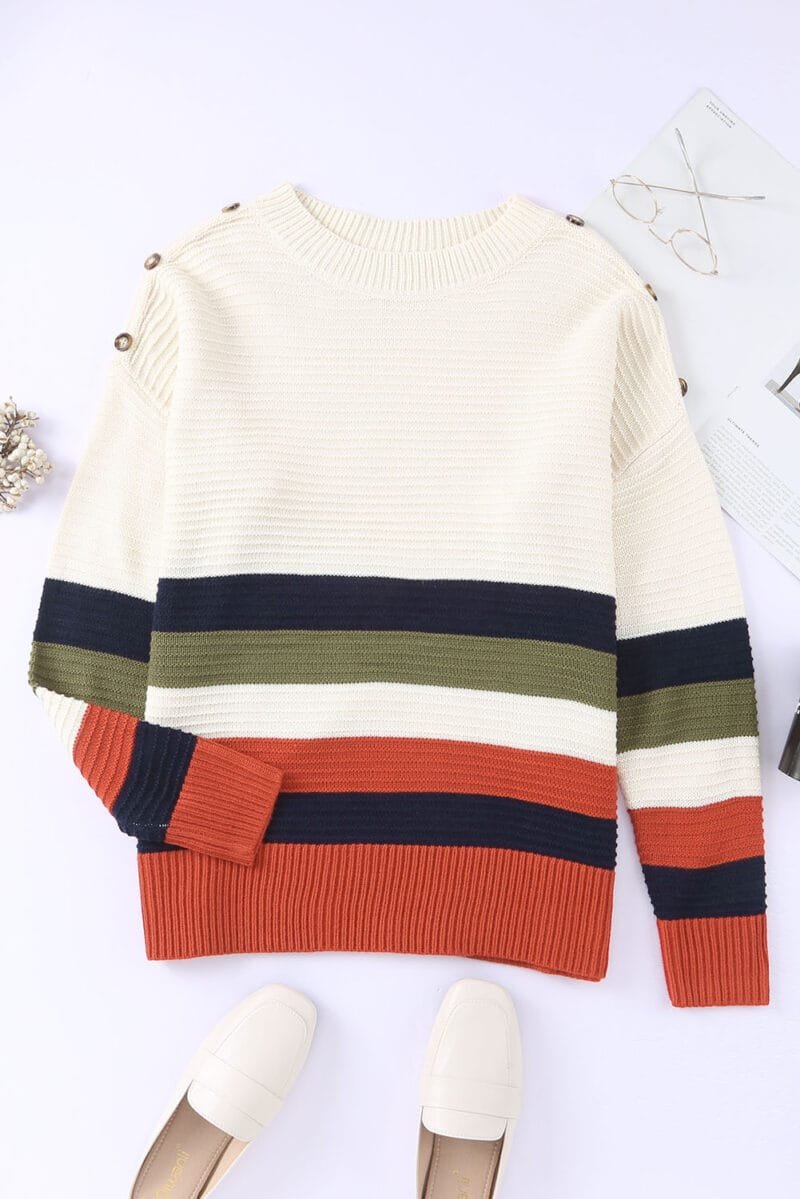 Buttoned Drop Shoulder Striped Sweater - Image 6
