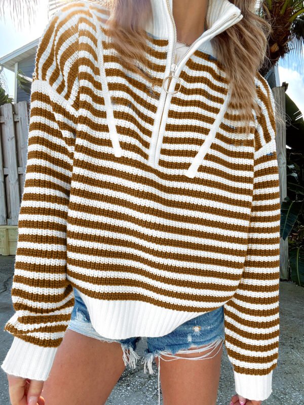 Khaki Stripe Zip up Collar Sweater