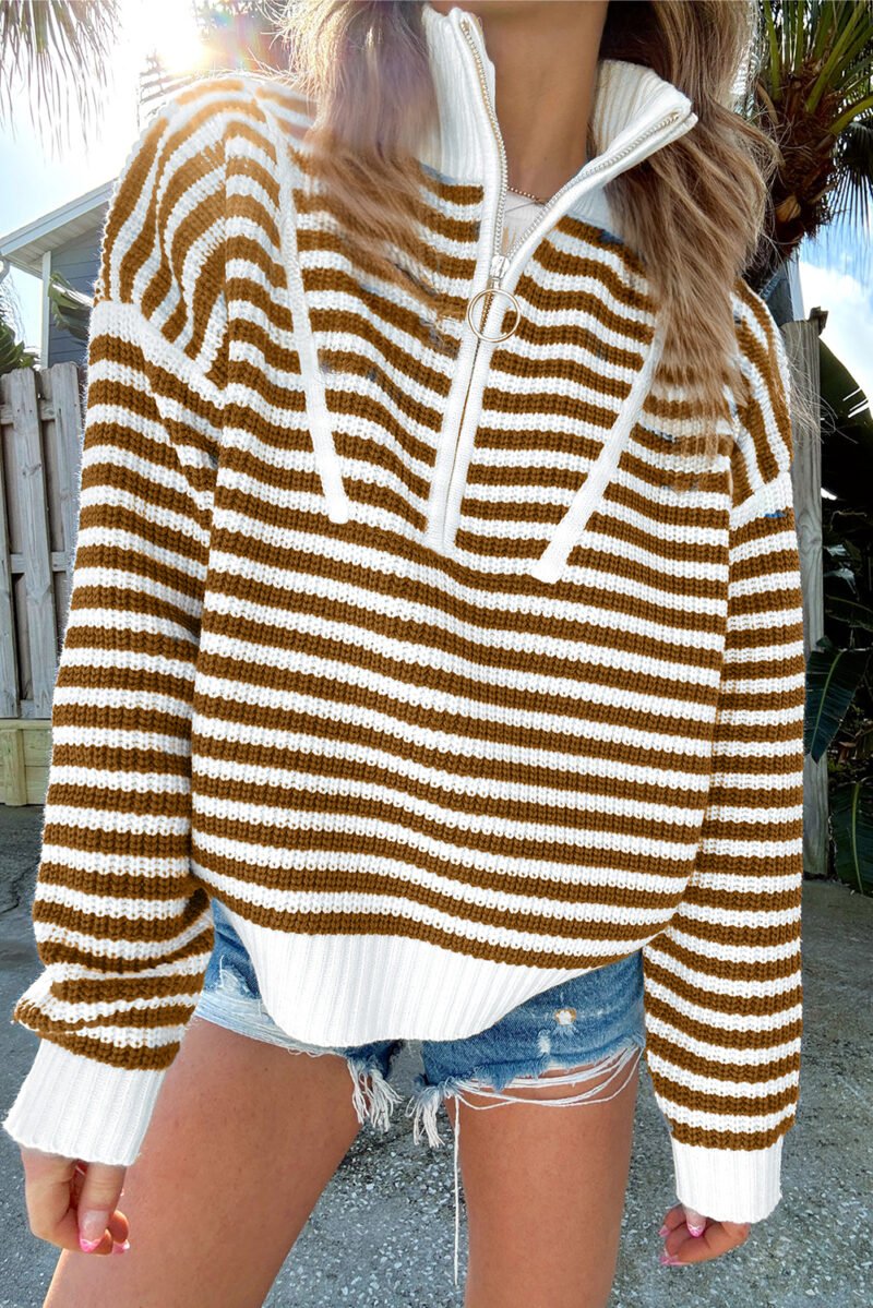 Khaki Stripe Zip up Collar Sweater