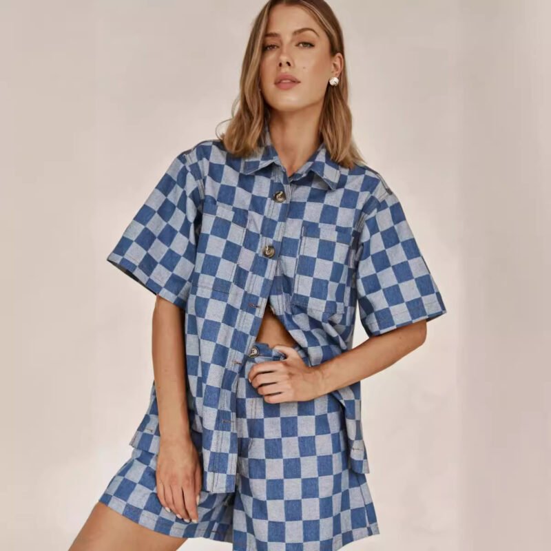 Checkered Denim Shorts Sets