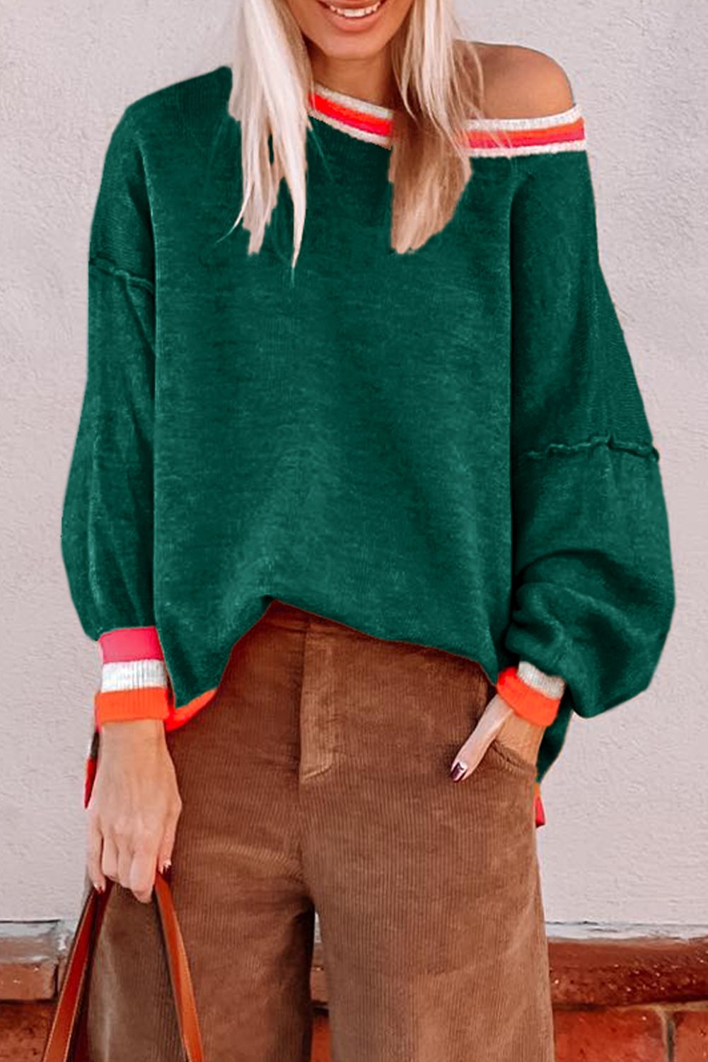 Striped Trim Drop Shoulder Sweater